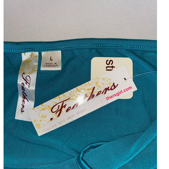 TEAL BACKLESS TIE DRESS FEATHERS SIZE LARGE NWT - Picture 3 of 5